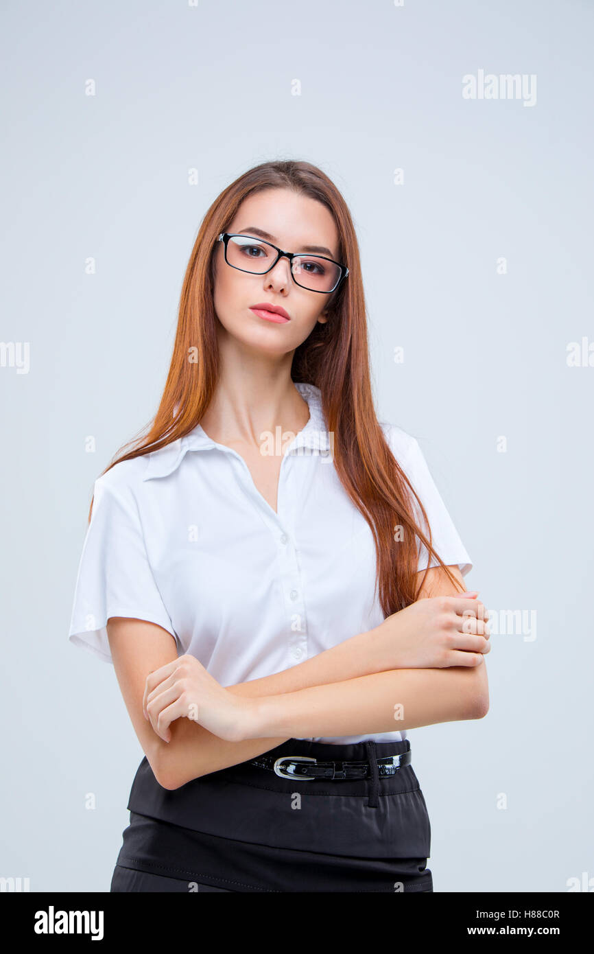 The young business woman on gray background Stock Photo - Alamy