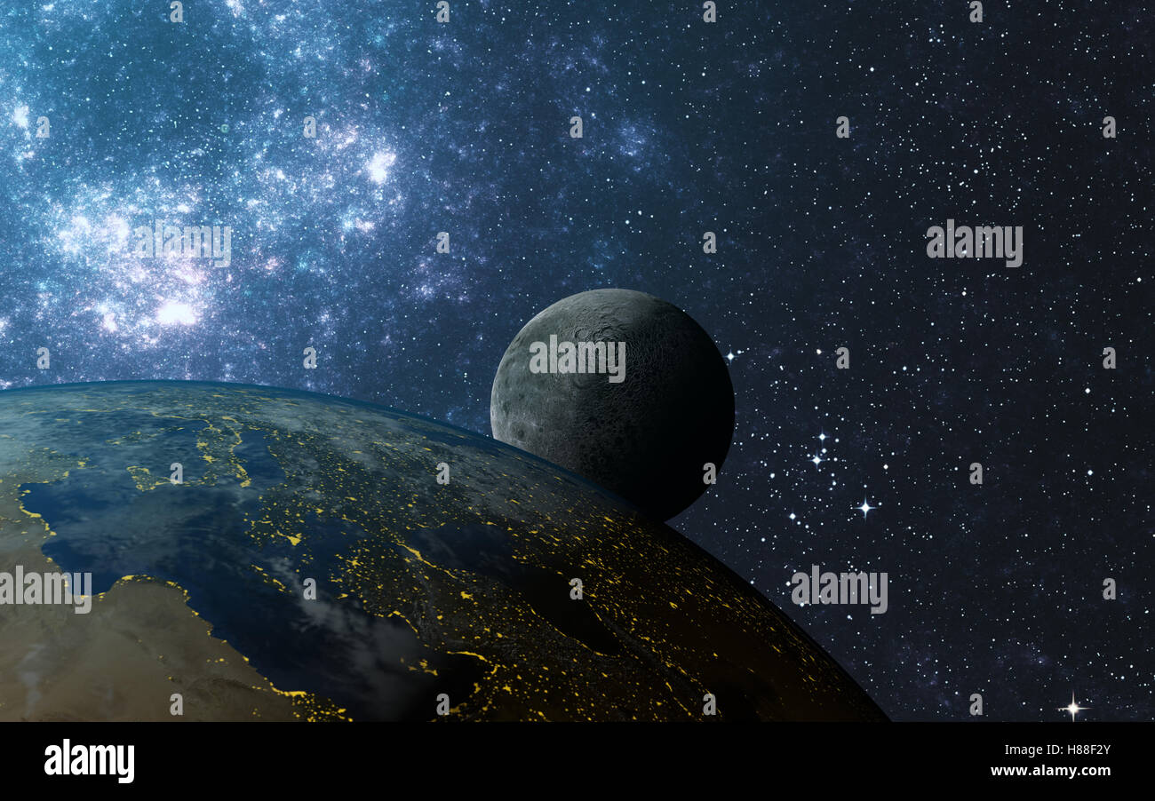 View from the moon orbit and rotating around the planet earth Stock ...