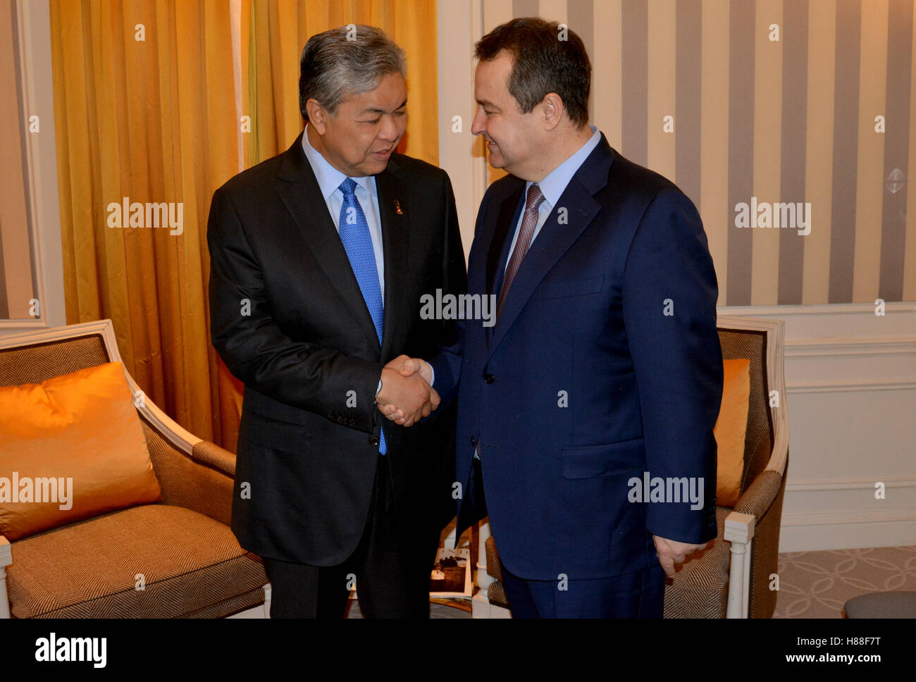 NEW YORK, UNITED STATES - AUGUST 24TH, 2016. Meeting of the minister of Foreign Affairs of Serbia Ivica Dacic and Ahmad Zahid Ha Stock Photo