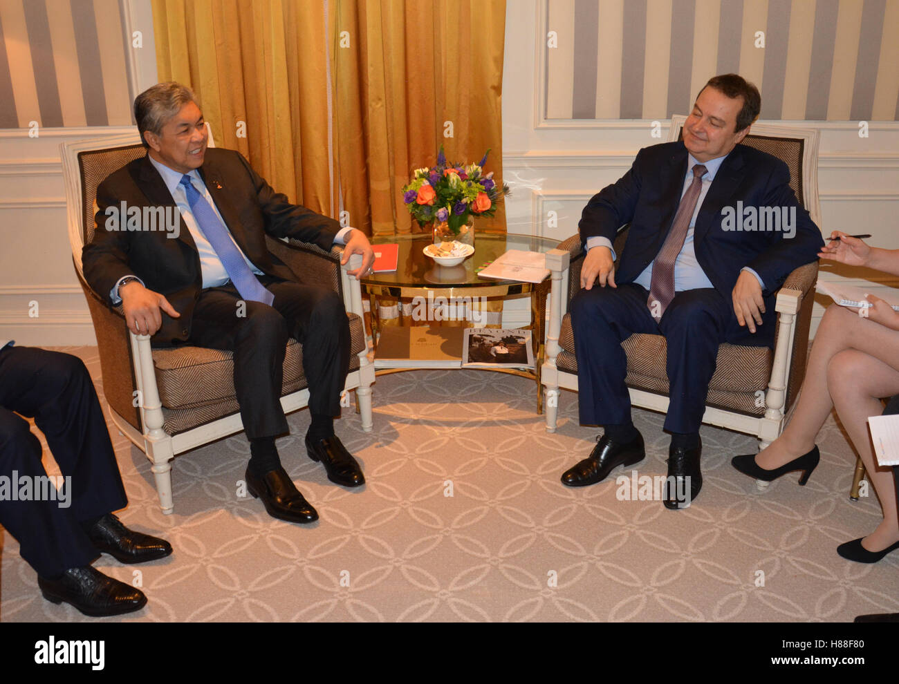 NEW YORK, UNITED STATES - AUGUST 24TH, 2016. Meeting of the minister of Foreign Affairs of Serbia Ivica Dacic and Ahmad Zahid Ha Stock Photo