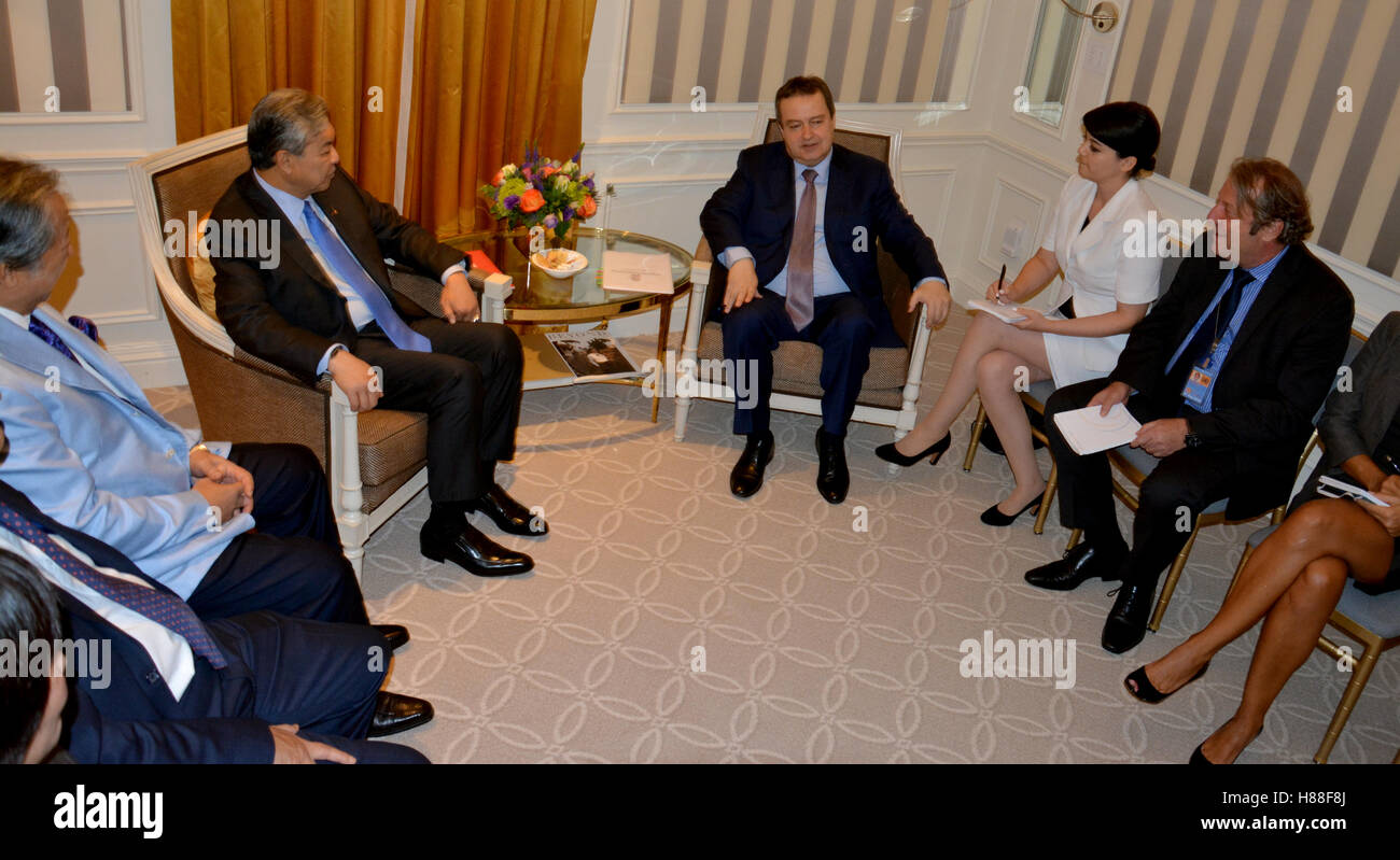 NEW YORK, UNITED STATES - AUGUST 24TH, 2016. Meeting of the minister of Foreign Affairs of Serbia Ivica Dacic and Ahmad Zahid Ha Stock Photo