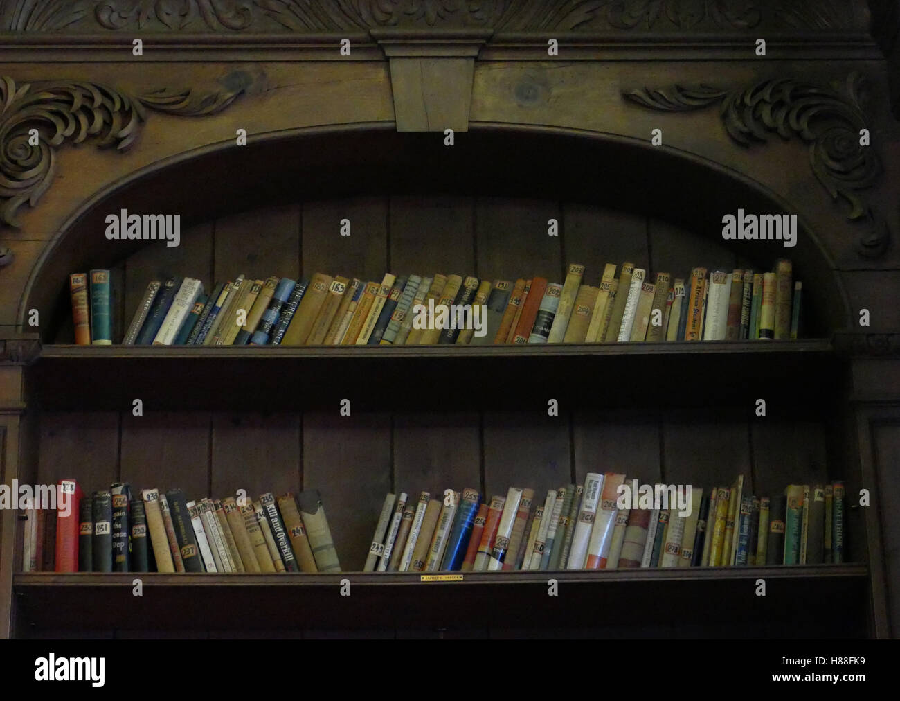 Wooden book shelves with old library books Stock Photo - Alamy