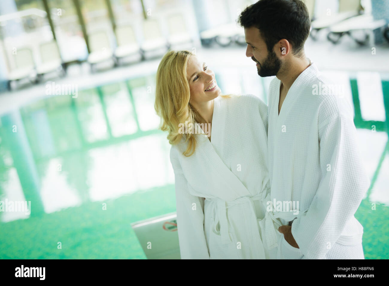 Beautiful couple enjoying spa wellness treatments Stock Photo