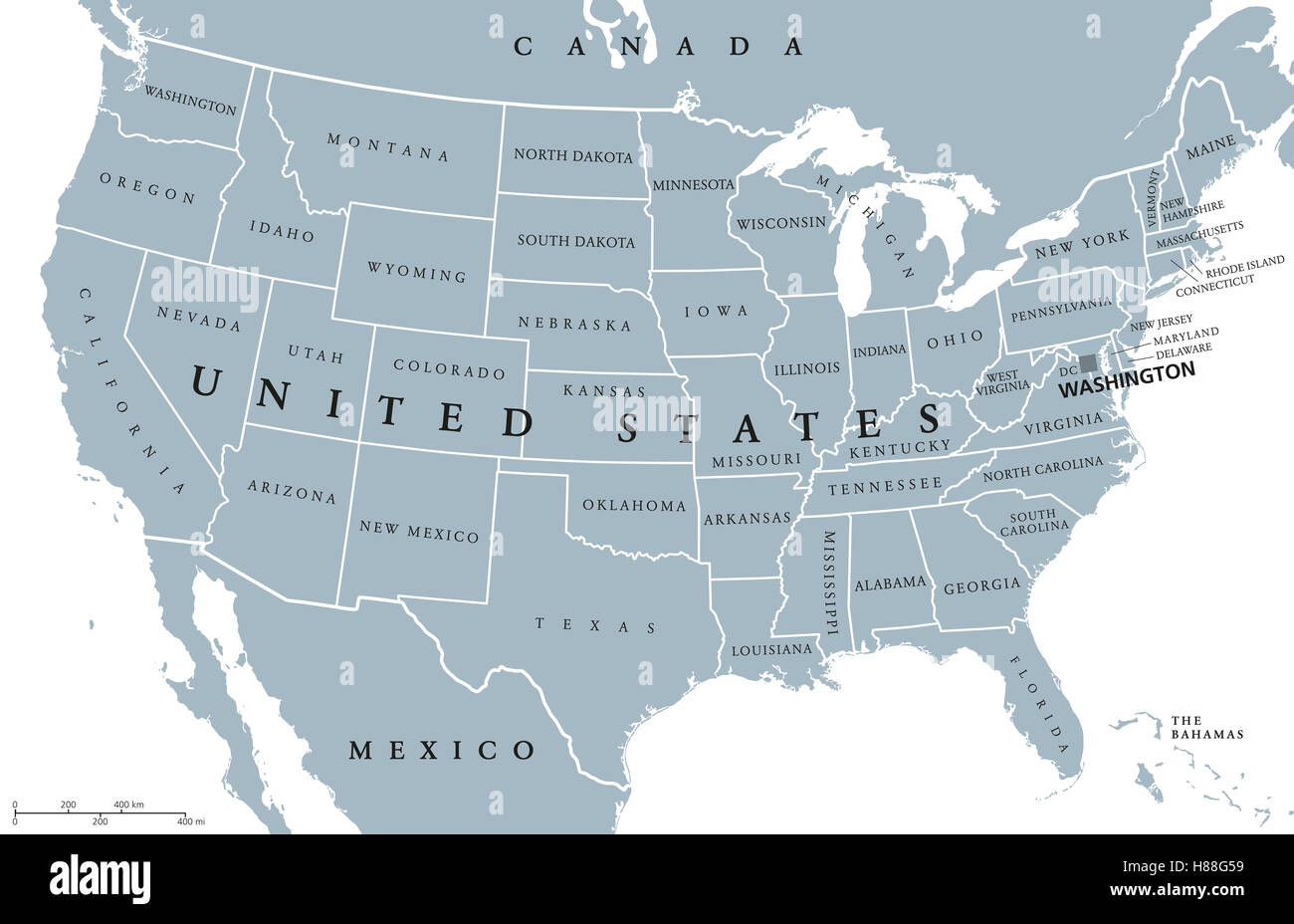 USA United States of America political map with capital Washington, single states, neighbor countries except Hawaii and Alaska. Stock Photo