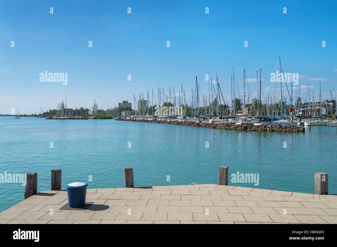 Port of Balatonfured and Lake Balaton with boats in Hungary Stock Photo
