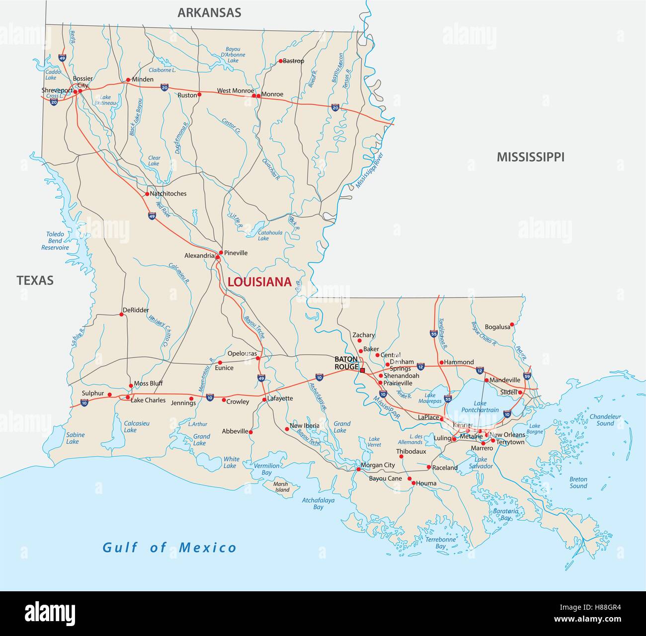 road map of louisiana and mississippi