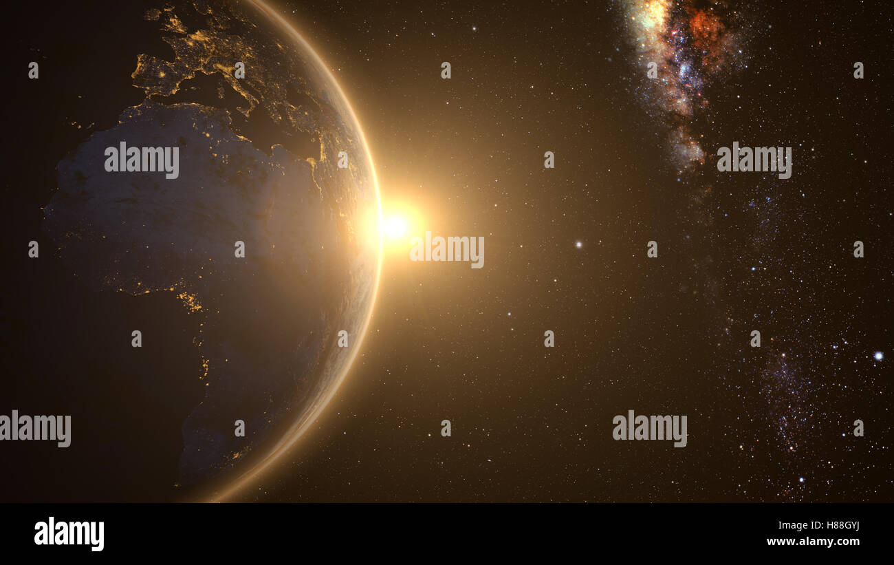 Planet Earth with a spectacular sunrise with milkyway in the background ...