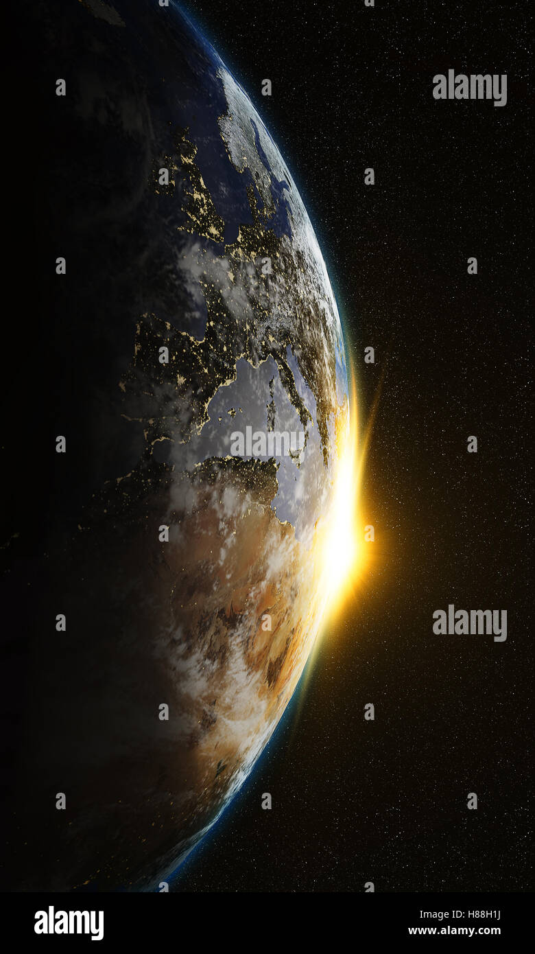 Planet Earth with a spectacular sunrise with milkyway in the background ...