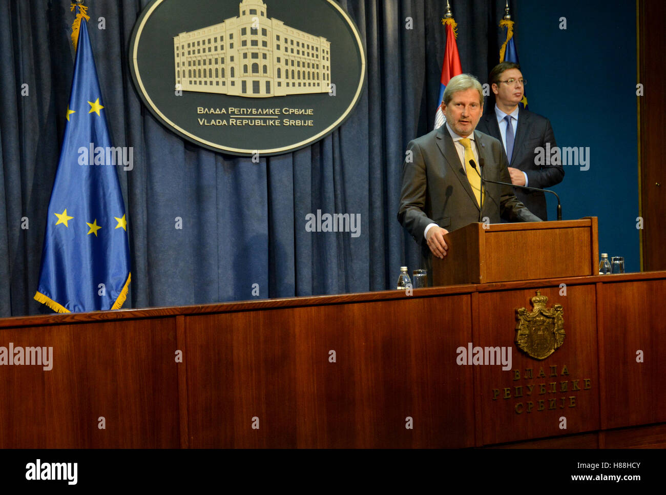 Belgrade, Serbia. September 11th, 2016: Serbian Prime Minister Aleksandar Vucic and Johannes Hahn, Commissioner for European Nei Stock Photo