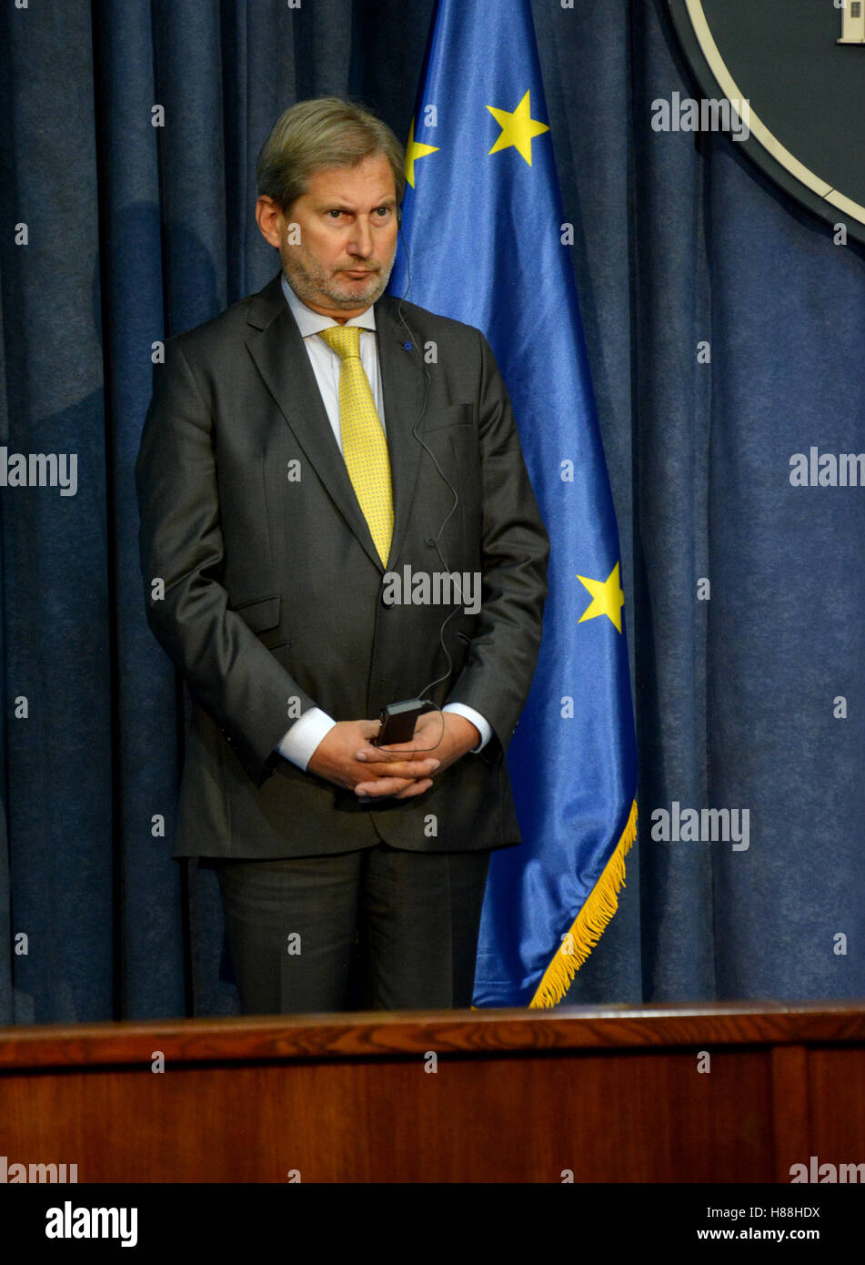 Belgrade, Serbia. September 11th, 2016: Serbian Prime Minister Aleksandar Vucic and Johannes Hahn, Commissioner for European Nei Stock Photo