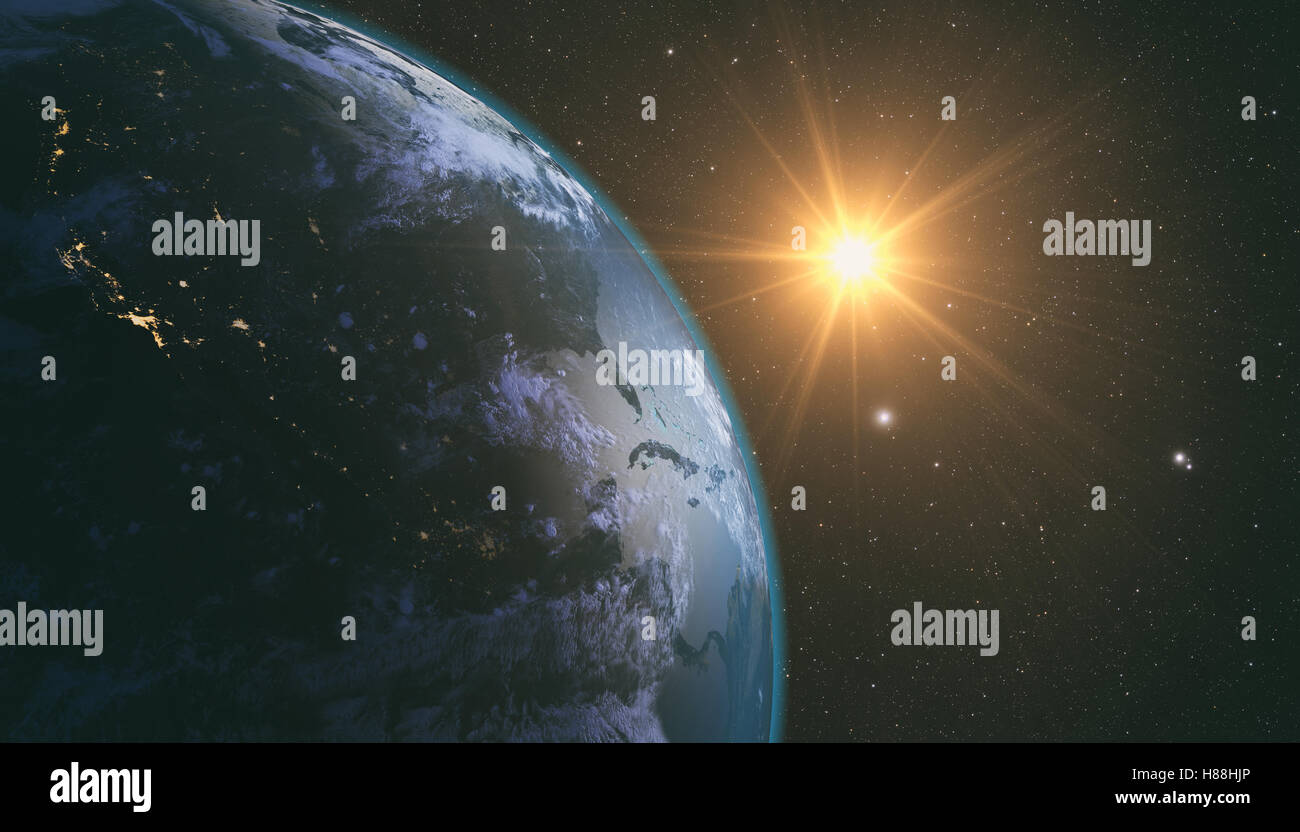 Planet Earth with a spectacular sunrise with milkyway in the background ...