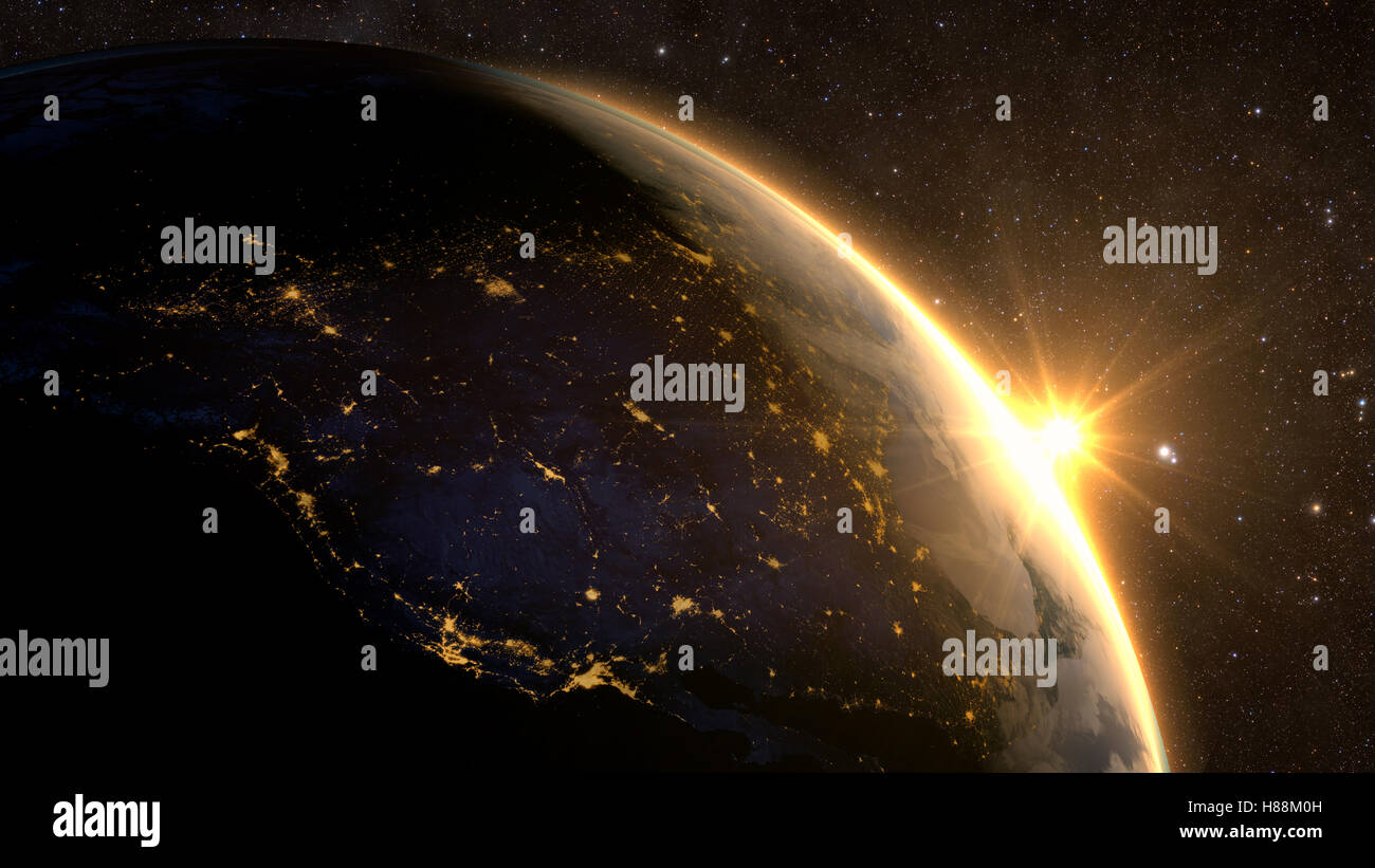 Planet Earth with a spectacular sunrise with milkyway in the background ...
