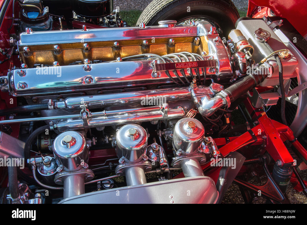 Jaguar  E Type Engine. Classic british sports car Stock Photo