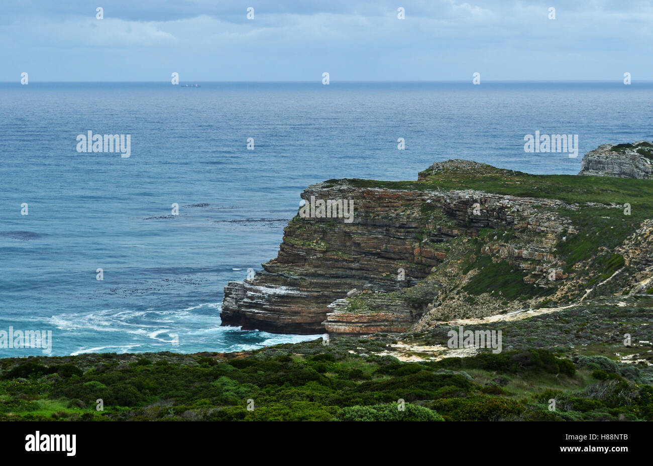 South Africa: panoramic view of the Cape of Good Hope landscape in the reserve of the rocky headland on the Atlantic coast of Cape Peninsula Stock Photo