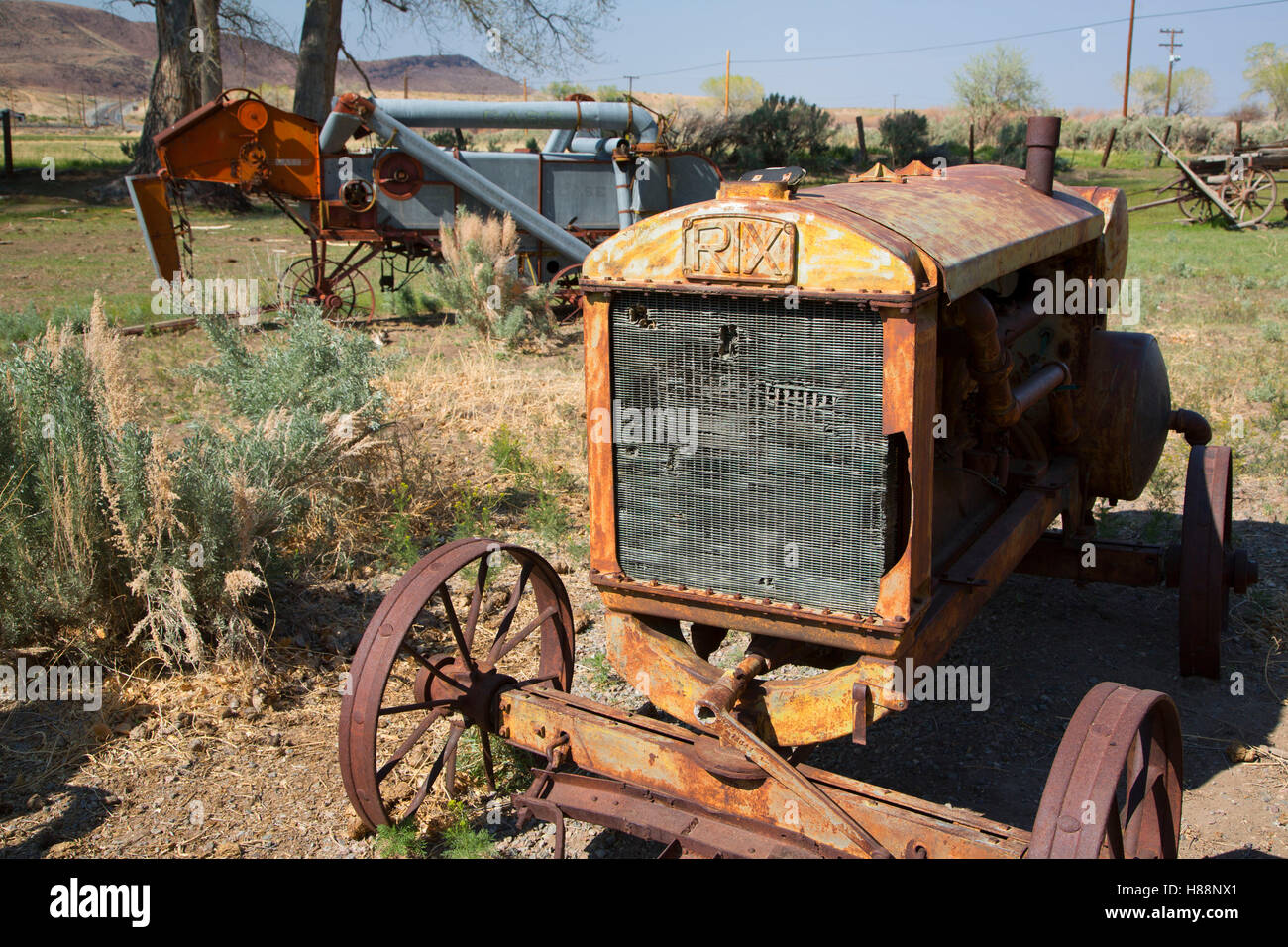 Farm implement display, Fort Churchill State Park, Nevada Stock Photo