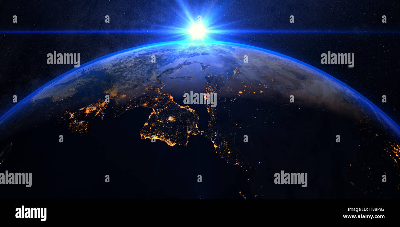 Planet Earth with a spectacular sunrise. 3d render Stock Photo - Alamy