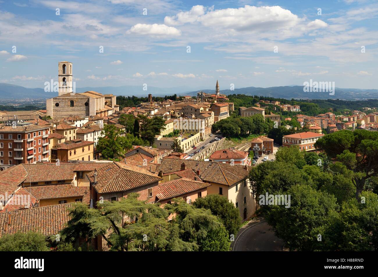 Cityscape with Church of San Domenico, rear Church of San Pietro, Perugia, Umbria, Italy Stock Photo