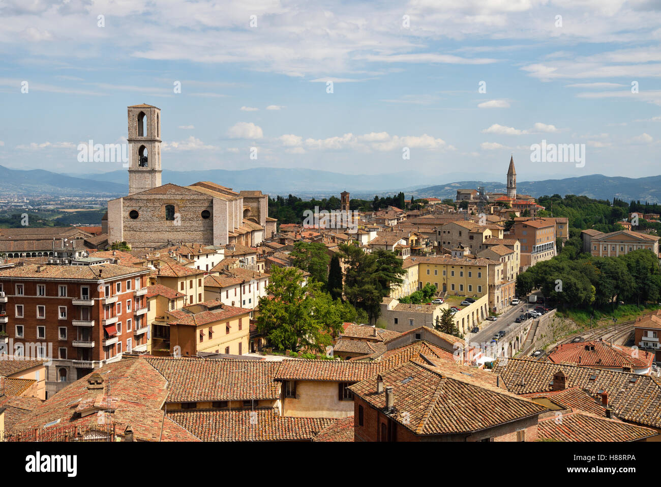 Cityscape with Church of San Domenico, rear Church of San Pietro, Perugia, Umbria, Italy Stock Photo