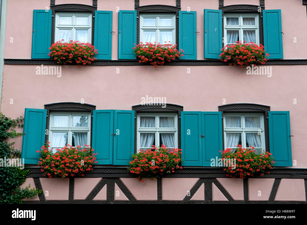 Floral decorations on window sills in the historic town centre, Bamberg
