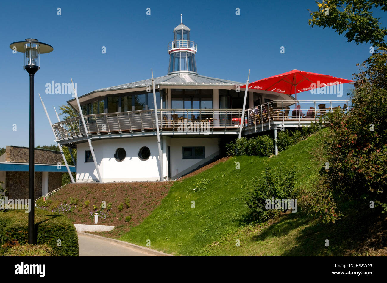 Restaurant next to the Biggedamm dam on the Biggesee reservoir near Olpe,  Naturpark Ebbegebirge nature preserve Stock Photo - Alamy