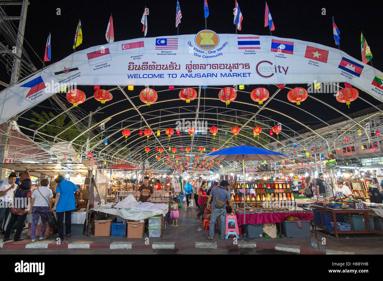 Night market in Chiang Mai. Chiang Mai is a major tourist destination in northern Thailand. Stock Photo