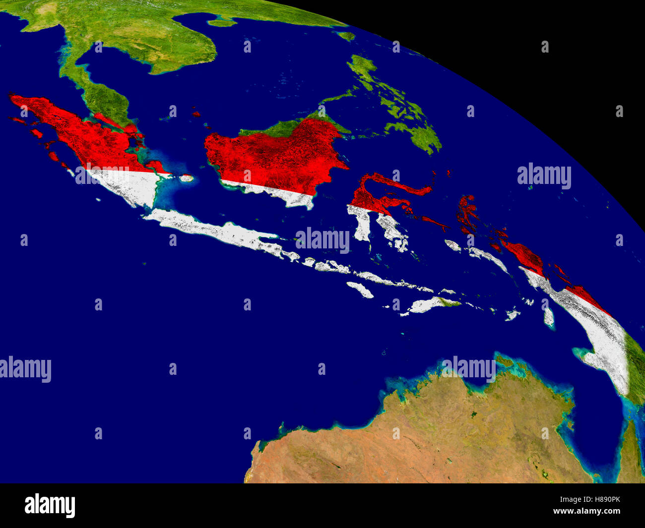 Map of Indonesia with embedded flag on planet surface. 3D illustration. Elements of this image furnished by NASA. Stock Photo