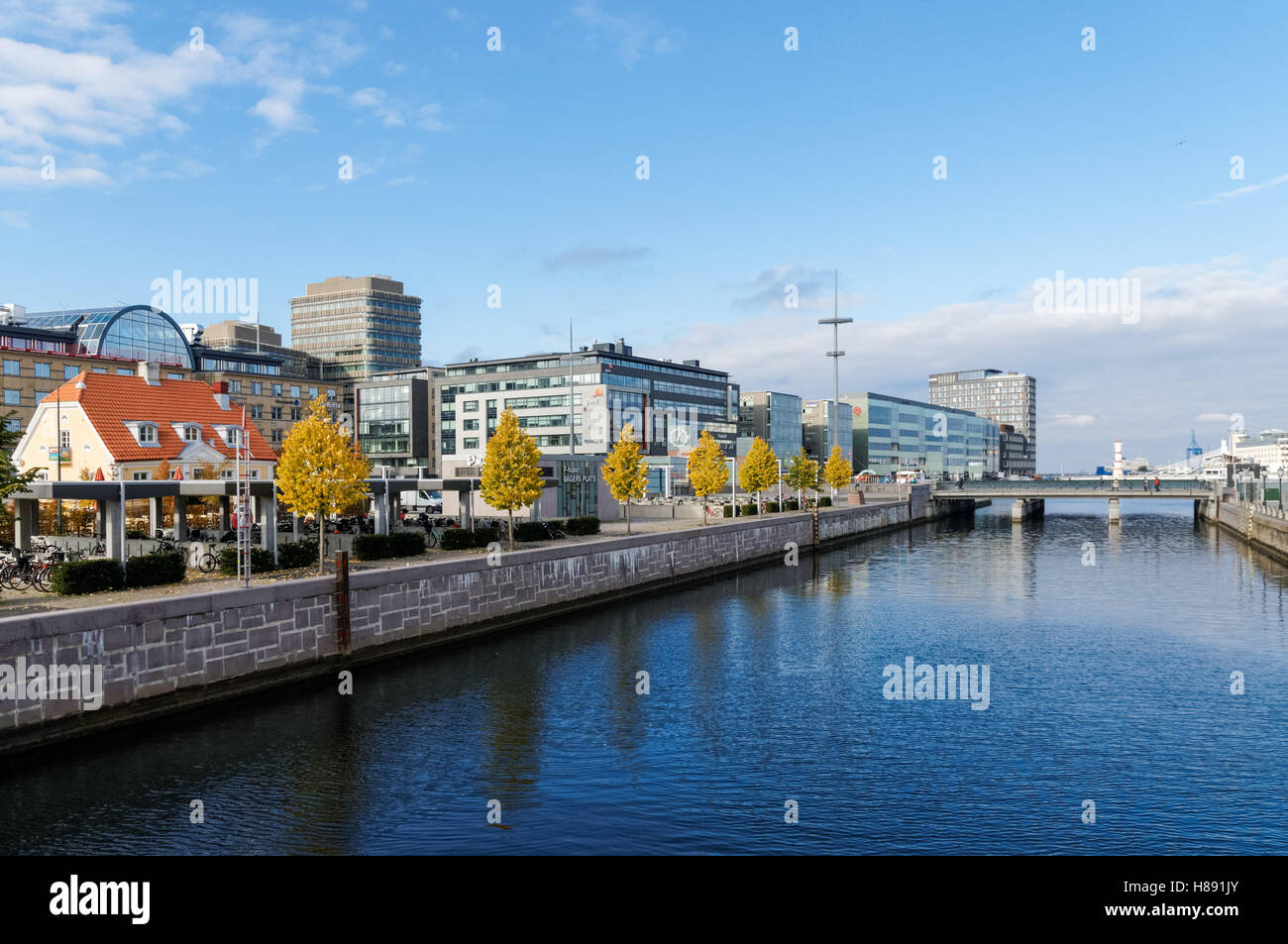 Malmo canals with Malmo University buildings, Sweden Stock Photo