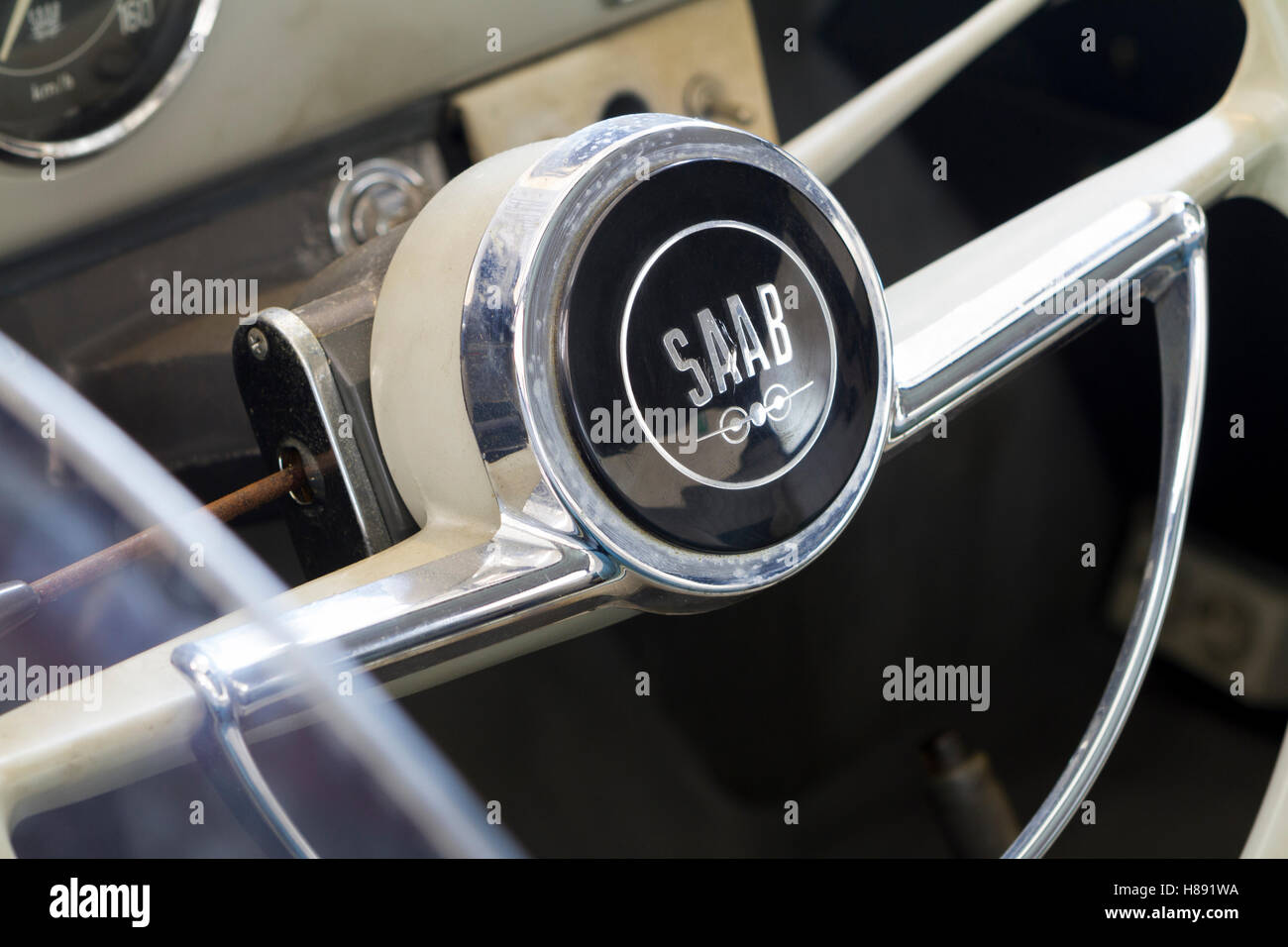 Steering wheel on a 1964 Saab 96 De Luxe Stock Photo