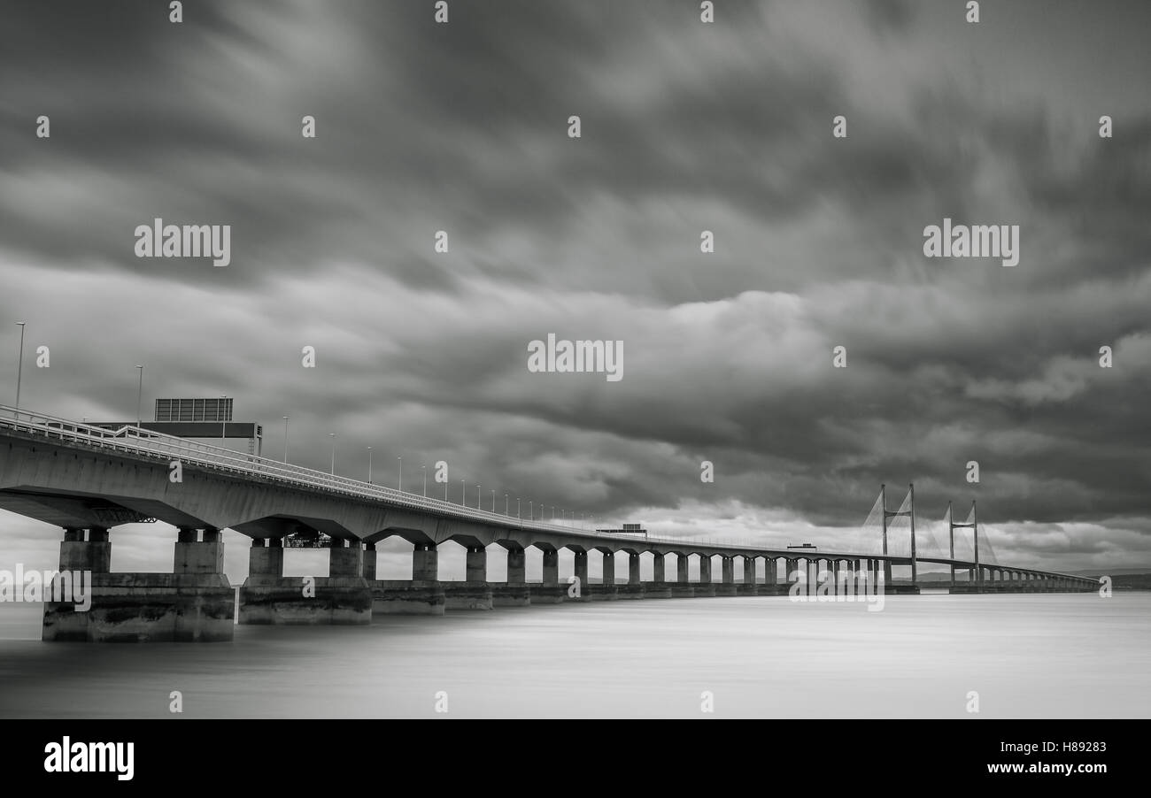 Long exposure of the Second Severn road crossing bridge from the eastern England side at Aust, Wales, England, UK Stock Photo