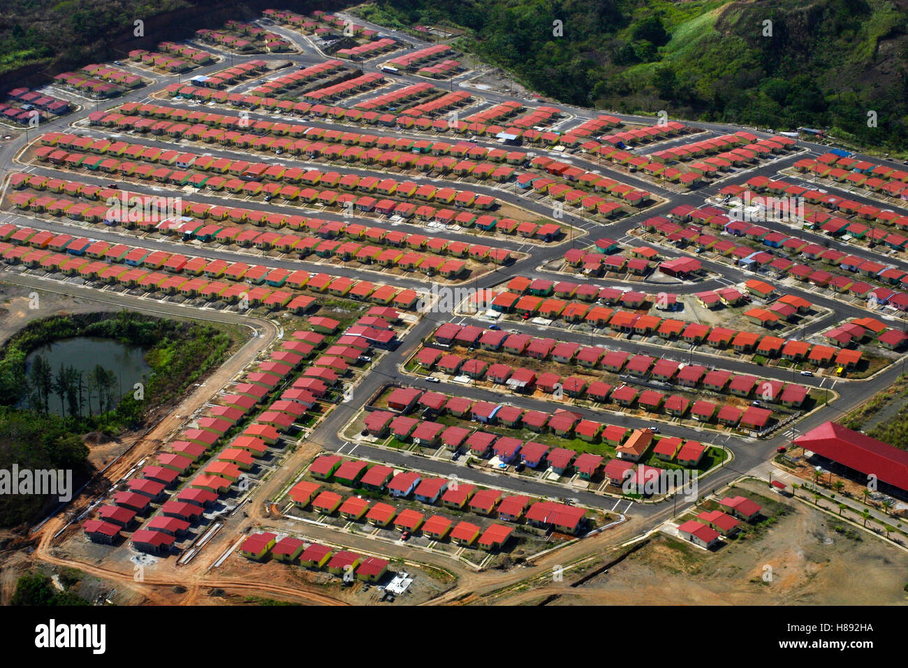 Aerial of low income housing development at the east edge of Panama ...