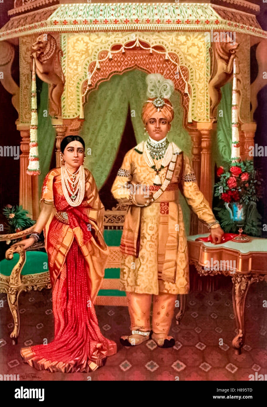 The Marriage of Maharaja Krishnaraja Wadiyar IV and Maharani Lakshmivilasa Sannidhana Sri Pratapa Kumari Ammani Avaru of Kathiawar on 6 June 1900, painting by Raja Ravi Varma Koil Thampuran (1848-1906). Stock Photo