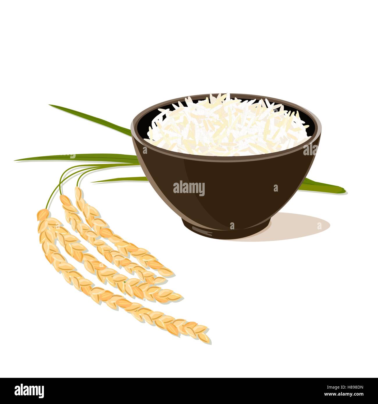Leaves and spikelets of rice and brown bowl full of white long rice on a white background. Vector illustration. Stock Vector