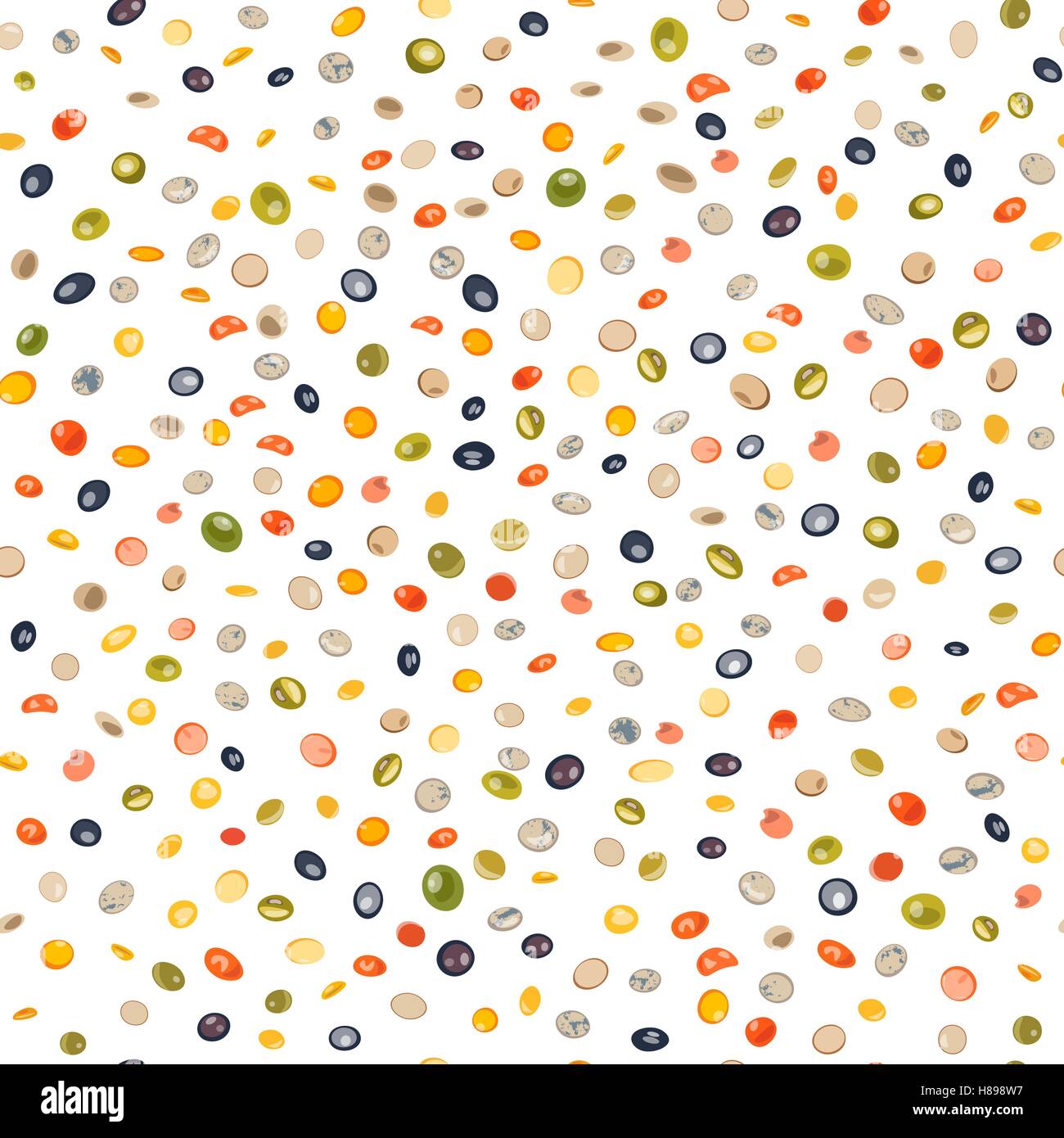 Seamless pattern types of lentils yellow, brown, green, red, french green, black lentils . Vector illustration Stock Vector