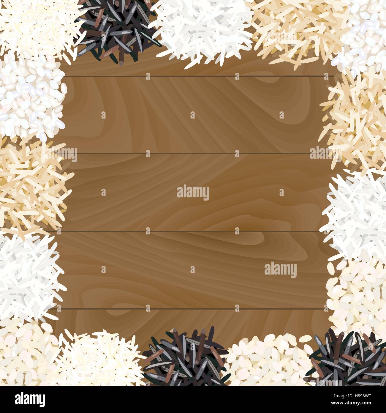 Different types of rice on wooden background. Basmati, wild, jasmine