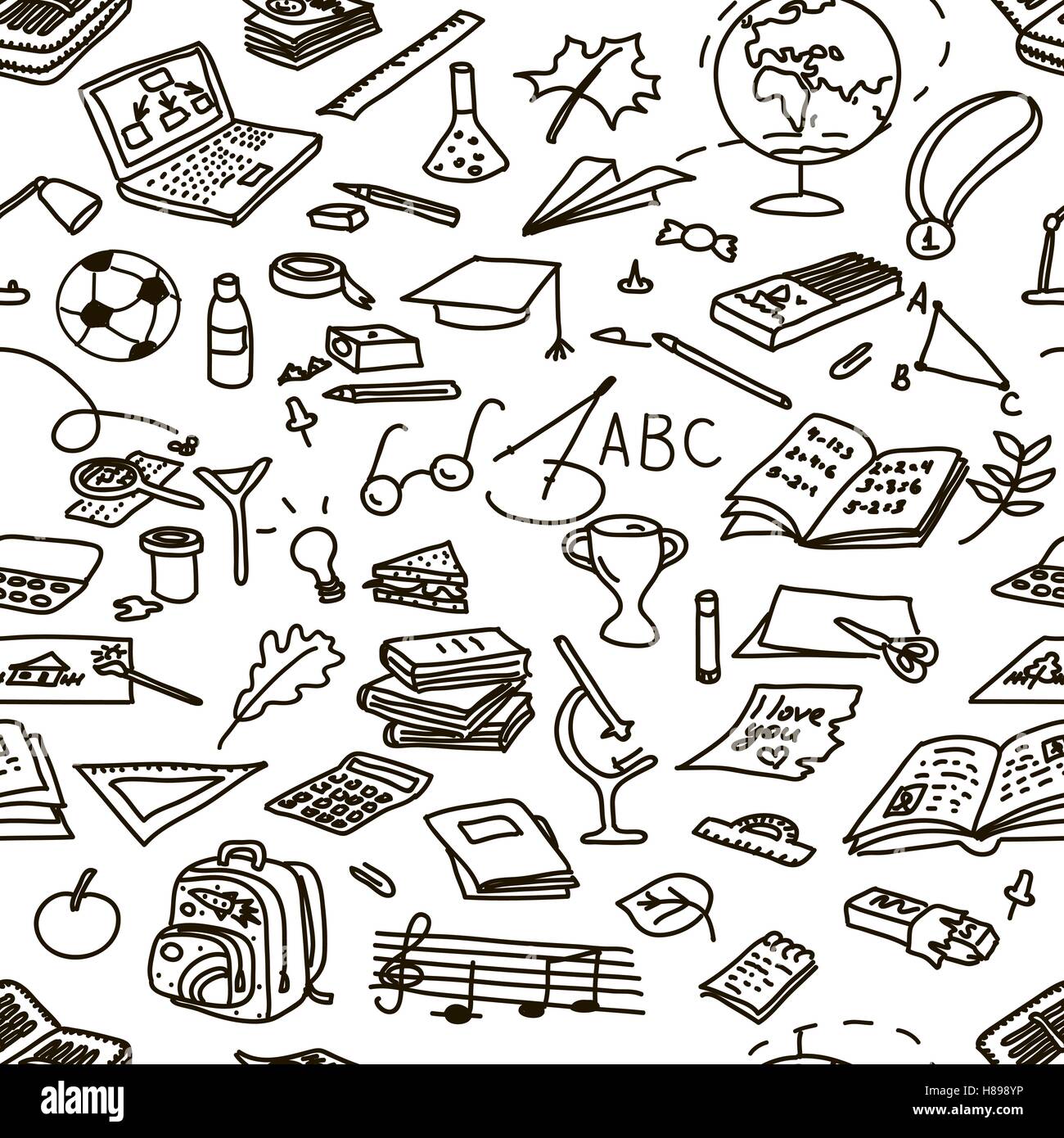 Hand drawn doodle set back to school. Seamless pattern. Vector ...
