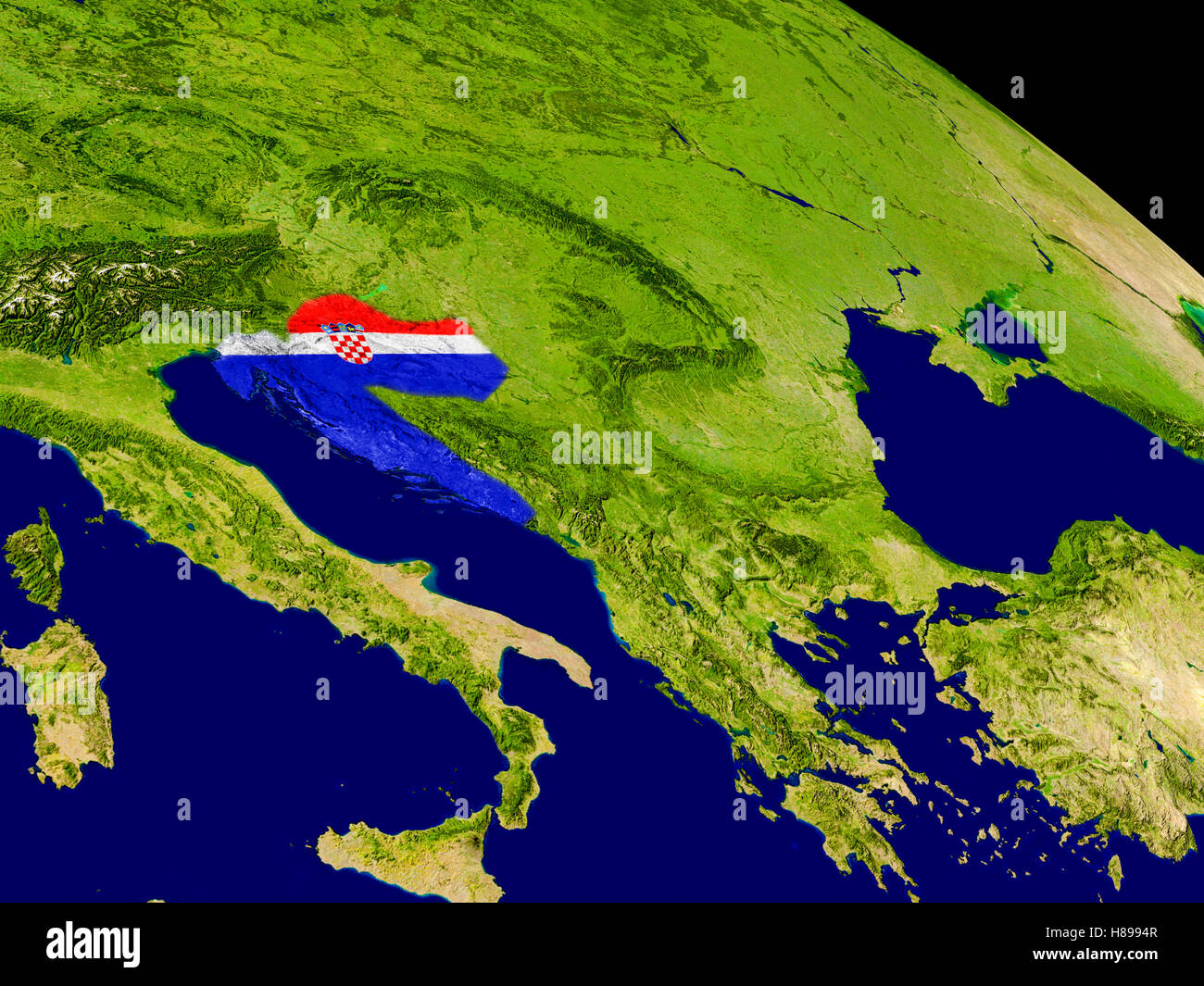 Map of Croatia with embedded flag on planet surface. 3D illustration ...