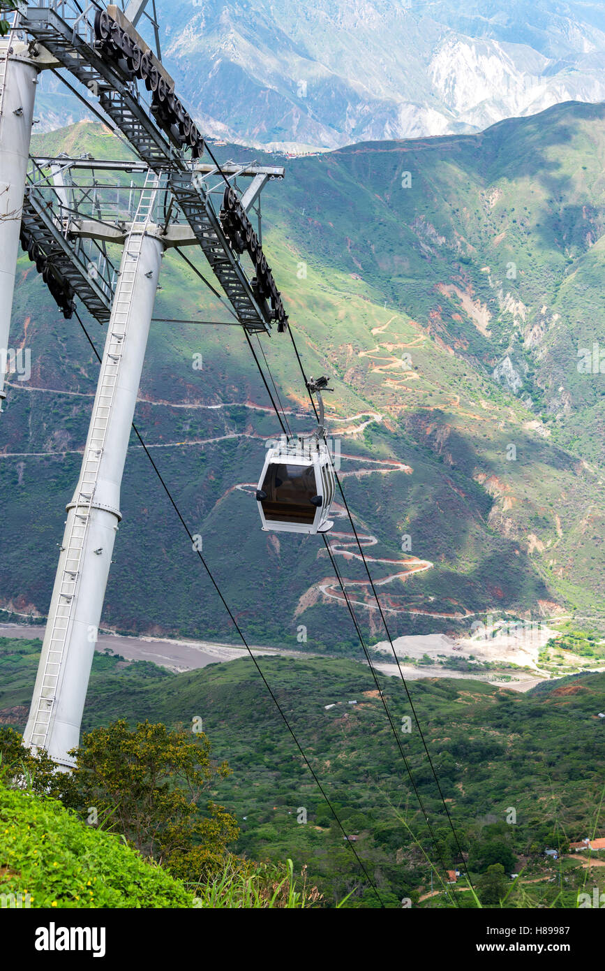 Vertical view of an aerial tram rising out of Chicamocha Canyon near Bucaramanga, Colombia Stock Photo