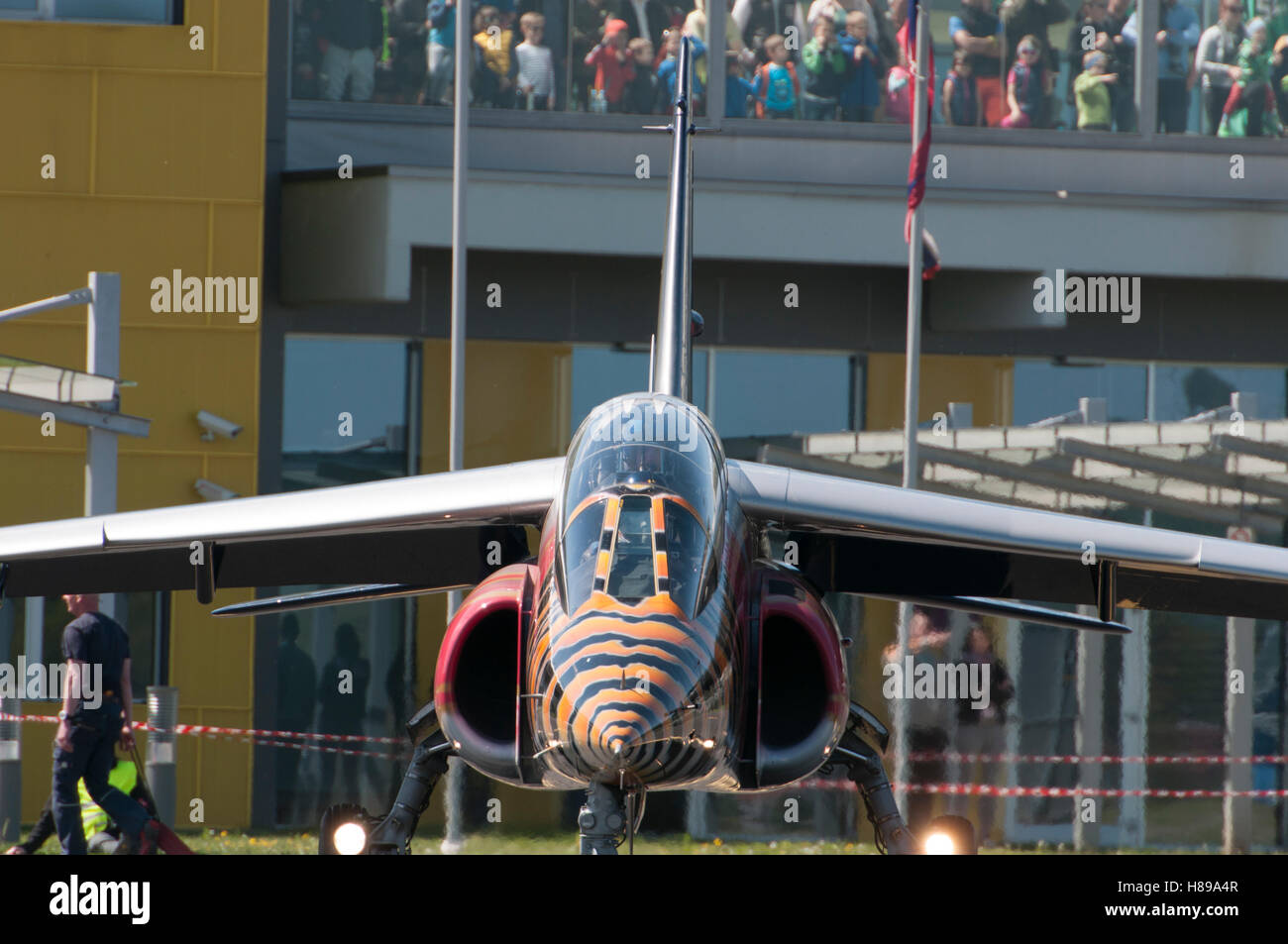 Maribor, Slovenia - April 16, 2016: Red Bull's Alpha Jet as part of display team The Flying Bulls on display Stock Photo