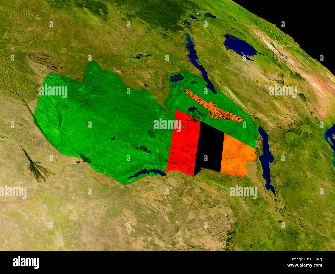 Map of Zambia with embedded flag on planet surface. 3D illustration ...