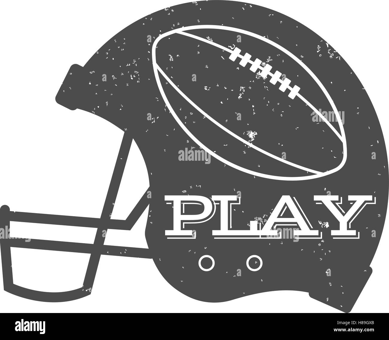 American football helmet with ball in vintage grunge syle. Textured. Sports equipment, monochrome design isolated on white background. Vector illustration Stock Vector