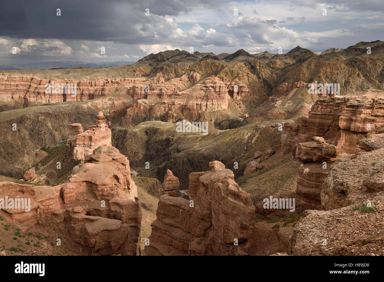 Charyn Canyon National Park with Charyn river and Tien Shen mountains Kazakhstan Stock Photo