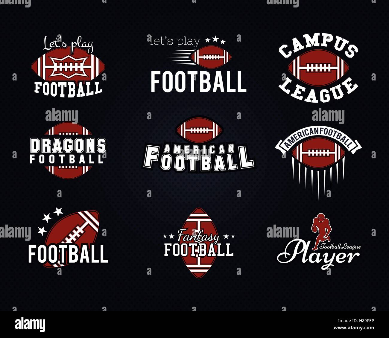 American football team, college badges, logos, labels, insignias, icons in  retro style. Graphic vintage design for t-shirt, web. Color emblems  isolated on a dark dotted halftone background. Vector Stock Vector Image &