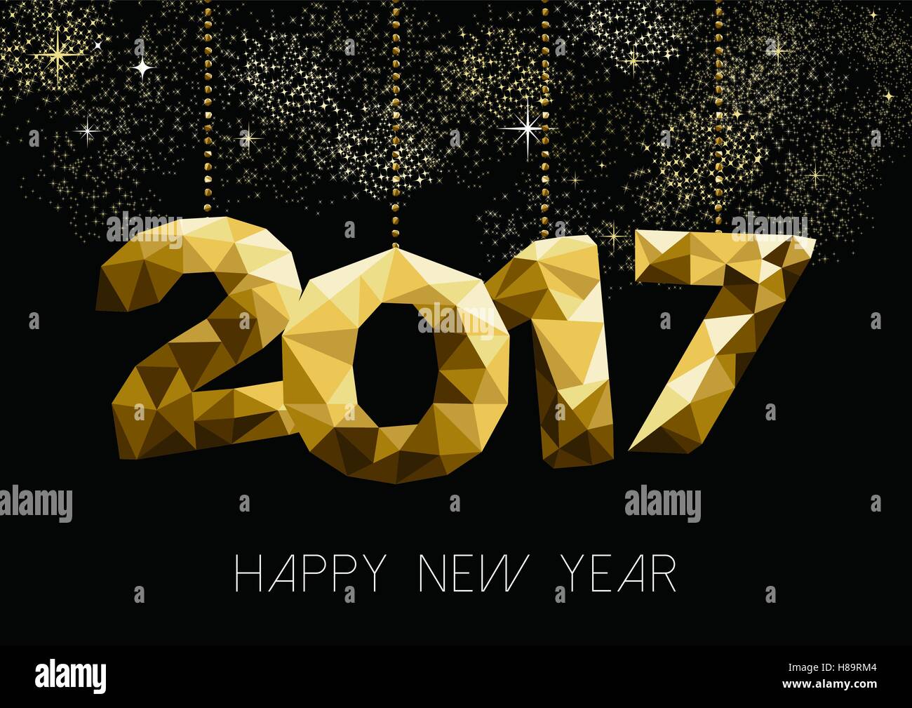 New year 2017 gold holiday greeting card design, low poly decoration on fireworks sky. EPS10 vector. Stock Vector
