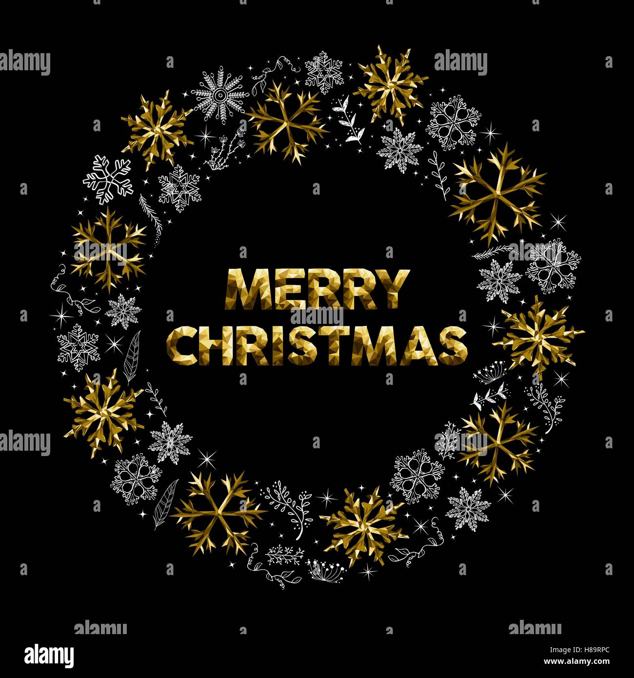 Merry Christmas design with gold snowflakes and hand drawn snow icons ...