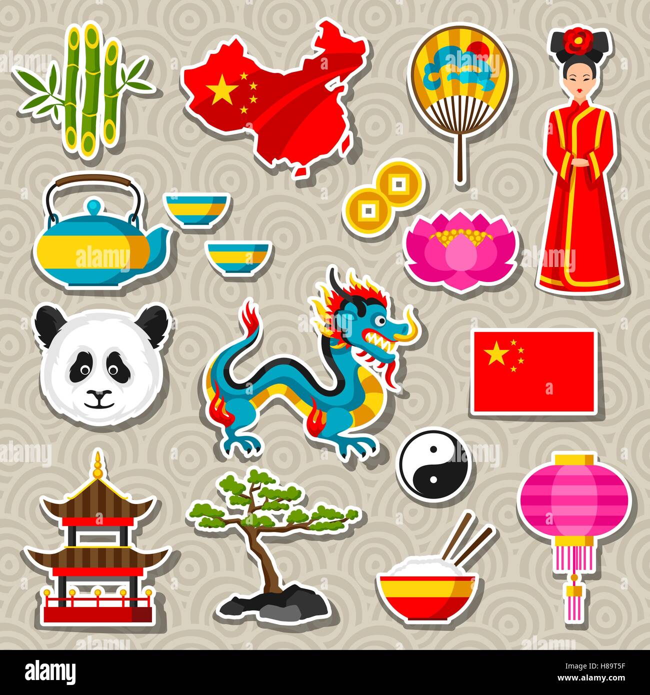 China icons set. Chinese sticker symbols and objects Stock Vector Image