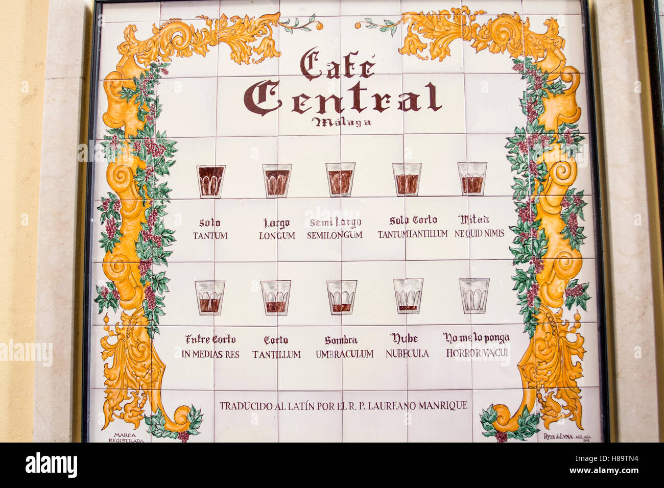Cafe Central pannel, Málaga, Spain Stock Photo Alamy