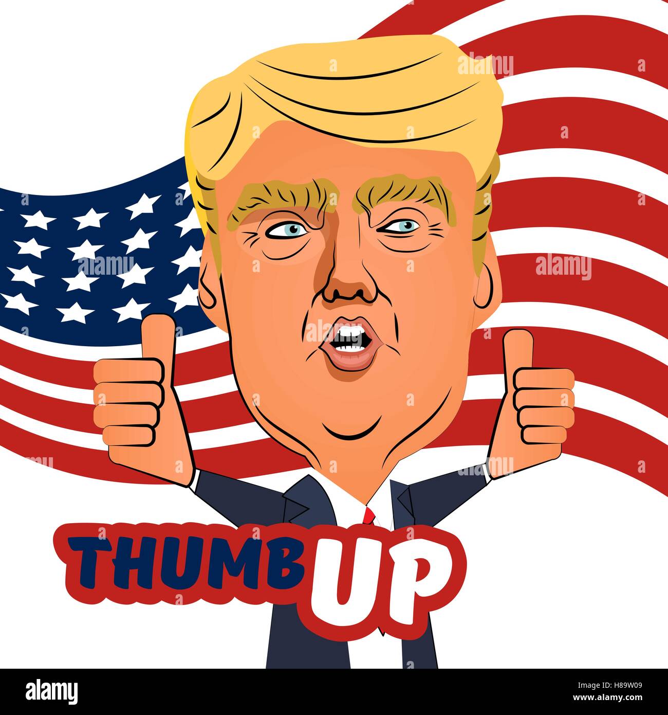 Nov 9, 2016: Character portrait Donald Trump thumb speech shows thumb up with american flag. Positive caricature politician Stock Vector