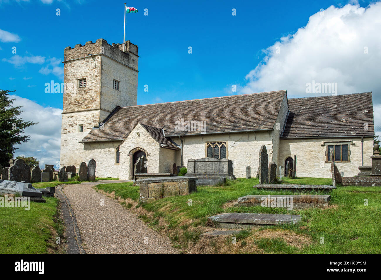 The whitewashed old church of St. Sannan on a hilltop near Bedwellty in south Wales Stock Photo