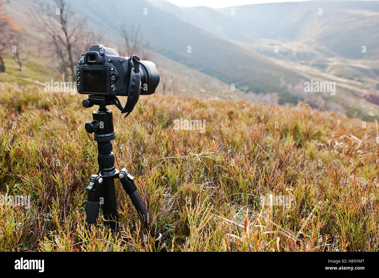 Modern professional dslr camera on a tripod, outdoor photography in wildlife. Mountains background. Stock Photo