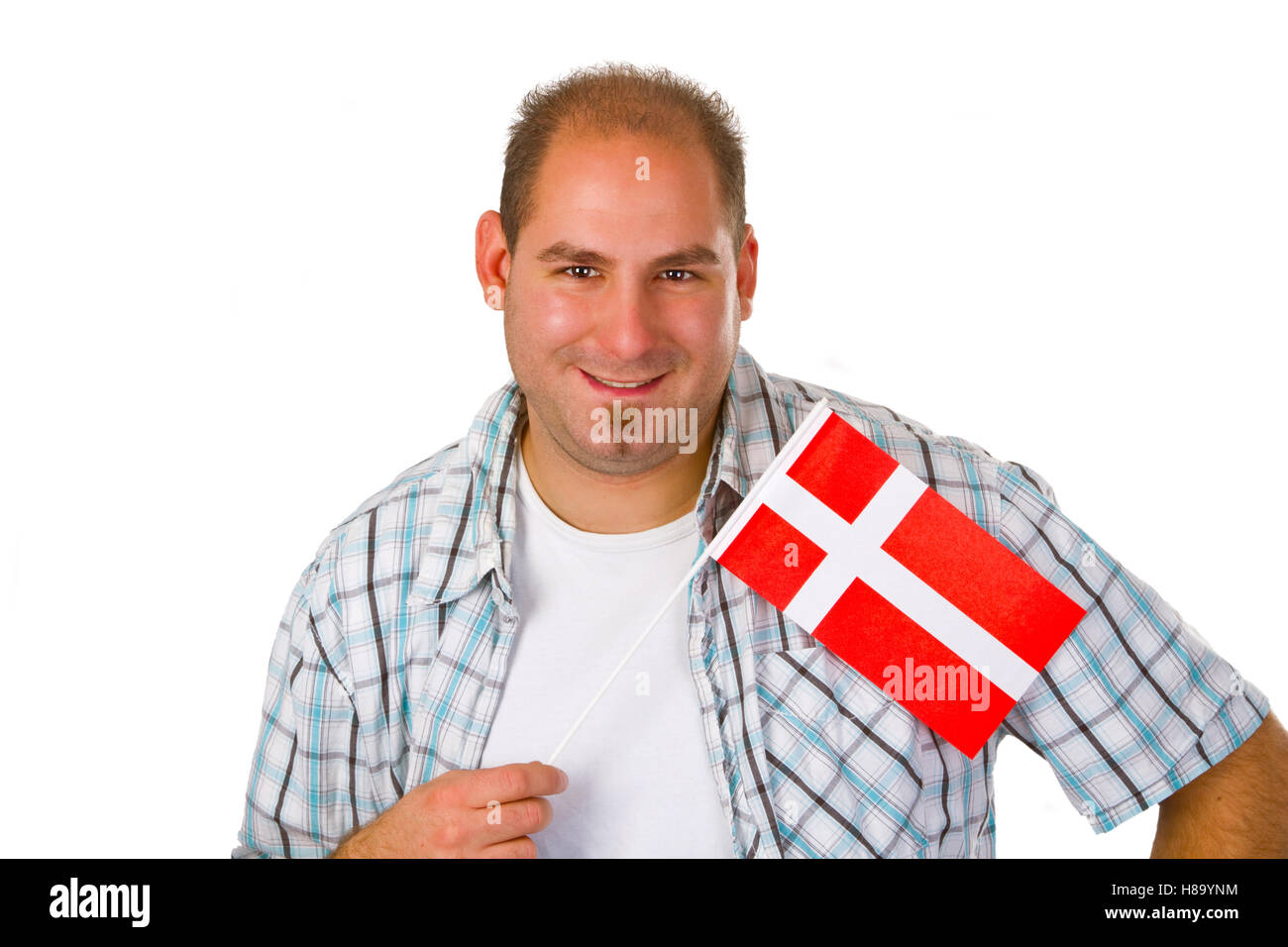 Young men with danish flag isolated on white background Stock Photo